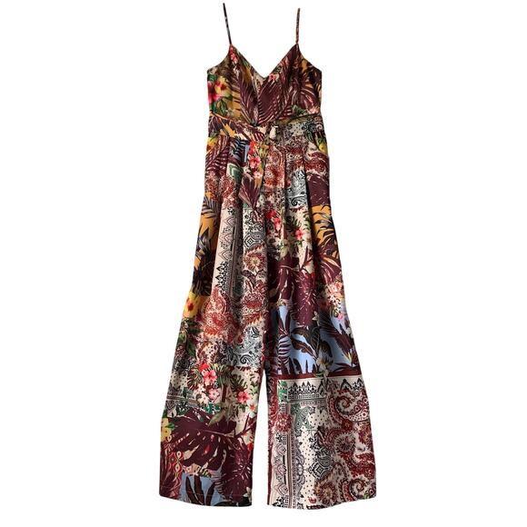 A. Peach Floral Print Belted Jumpsuit Wide Leg Adjustable Straps Pockets Size M - Picture 2 of 16